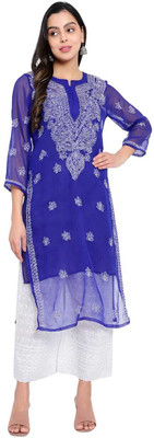 Mrs Right Women Chikan Embroidery A-line Kurta(Blue)