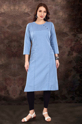 SK Creation Women Self Design Straight Kurta(Blue)