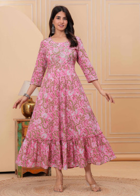 AKSHUNA Women Abstract, Embroidered Ethnic Dress Kurta(Pink)