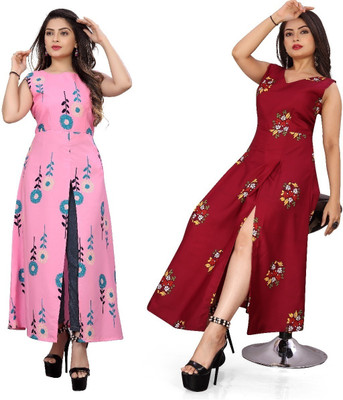 Hiral Creation Women Printed Frontslit Kurta(Red)