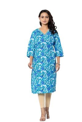 PickCell Women Printed Straight Kurta(Blue, Light Blue)