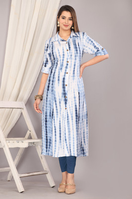 Loomista Women Printed A-line Kurta(Blue)