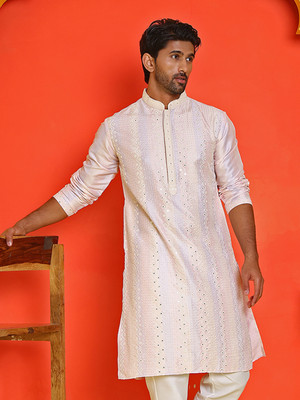 Jompers Men Embroidered Straight Kurta(Beige)
