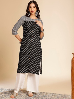 ANOUK Women Printed Straight Kurta(Black)
