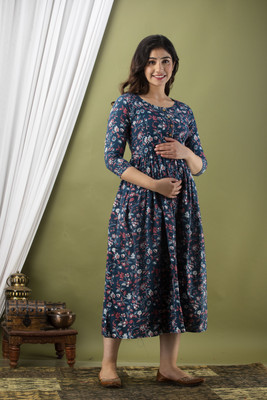 phoolkesa Women Fit and Flare Dark Blue Midi/Calf Length Dress