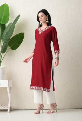 MK ART WITH DEVICE Women Embroidered A-line Kurta(Maroon)