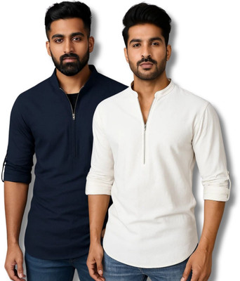 ClothTheory Men Solid Straight Kurta(Dark Blue, White)