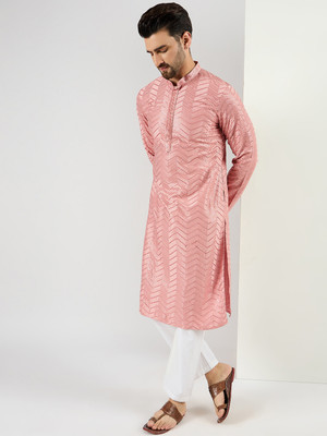 Ethnic Bay Men Embroidered Straight Kurta(Pink)