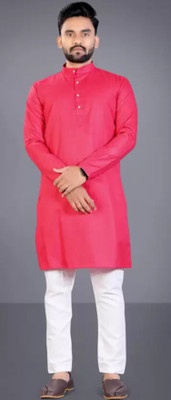 Shree Dutt Creation Men Solid Straight Kurta(Pink)
