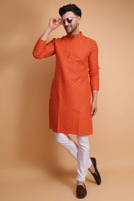 Gajdant Men Printed Straight Kurta(Orange)