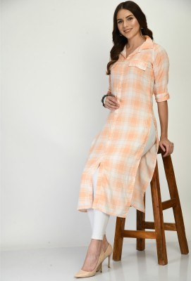 AnjuShree Choice Women Checkered Straight Kurta(Orange)