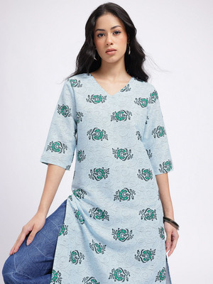 Anouk Rustic Women Printed Straight Kurta(Blue)