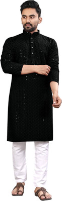 click n buy Men Embellished Straight Kurta(Black)