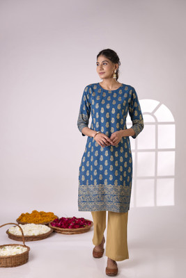 Surhi Women Printed Straight Kurta(Light Blue)