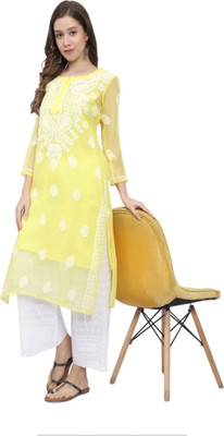 CHIKANKARI BY KK Women Chikan Embroidery Straight Kurta(Yellow, White)
