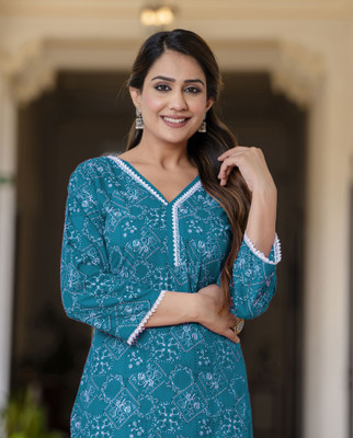 yeoja creation Women Block Print Straight Kurta(Light Blue)