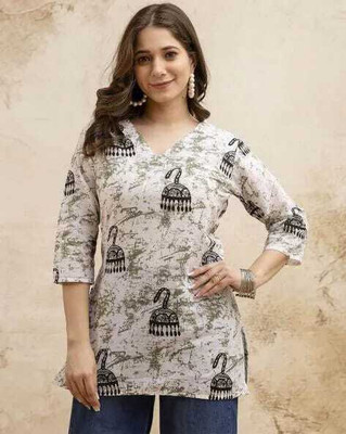 ECOHAD's Women Printed A-line Kurta(White)