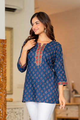 Lakasadapapel Women Printed Straight Kurta(Dark Blue)