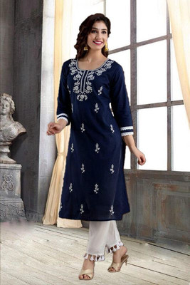 vikshi Women Chikan Embroidery Straight Kurta(Blue)