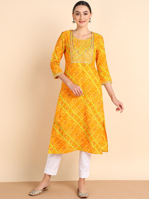 maaesa Women Embroidered Straight Kurta(Yellow)