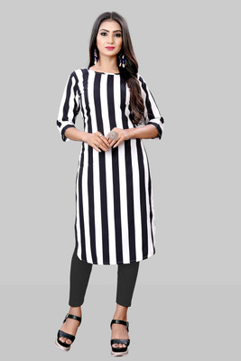 HouseOfCommon Women Printed Straight Kurta(White, Black)