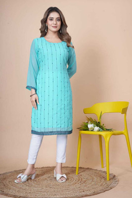 NA Creation Women Embroidered A-line Kurta(Light Blue)