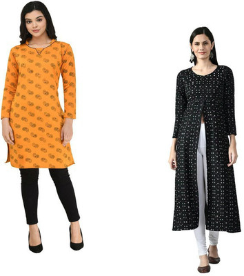 Indeweaves Women Printed A-line Kurta(Yellow, Black)