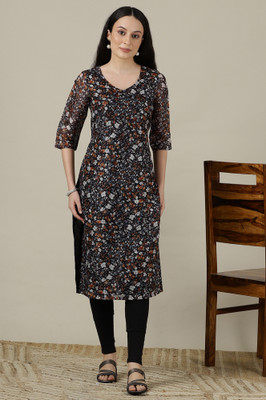 Aurelia Women Floral Print Straight Kurta(Black)