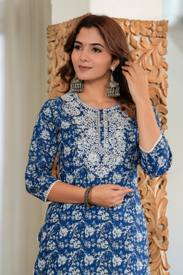 PRISCA Women Printed Straight Kurta(Blue)