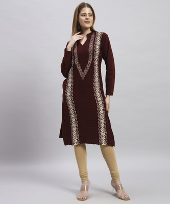 MORKEL Women Self Design Straight Kurta(Maroon)
