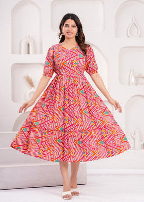 Madfury Women Printed Anarkali Kurta(Red)