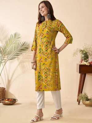 ANOUK Women Geometric Print Straight Kurta(Yellow)