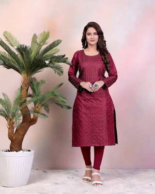 tapsi creation Women Embroidered Straight Kurta(Maroon)