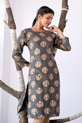 Surhi Women Printed Straight Kurta(Grey, Gold)