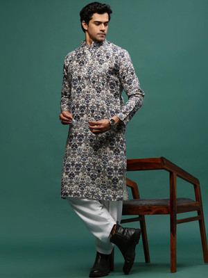 Sangria Men Floral Print Straight Kurta(White)