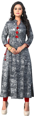 VBUYZ Women Printed Frontslit Kurta(Grey)