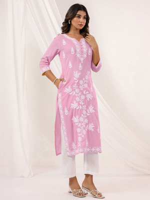 Janasya Women Embroidered Straight Kurta(Pink)