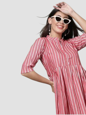 Houseofcommonv Women Striped A-line Kurta(Pink)