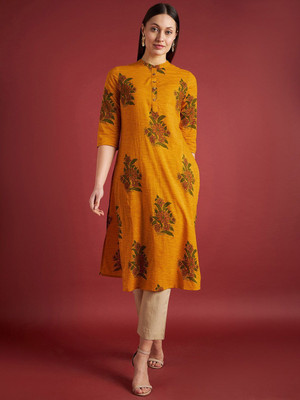 all about you Women Floral Print Straight Kurta(Yellow)