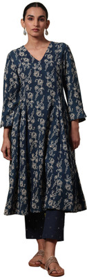 Folksong Women Floral Print Flared Kurta(Blue)
