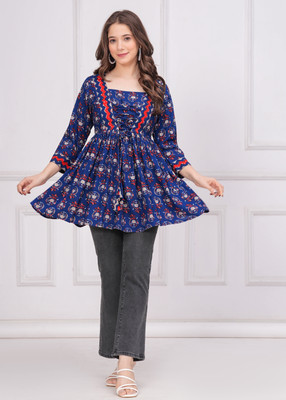 INDIANIC Women Printed A-line Kurta(Blue)