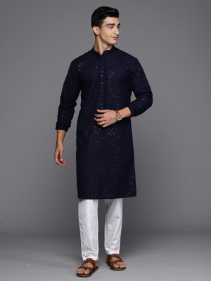 Indo Era Men Chikan Embroidery Straight Kurta(Dark Blue)