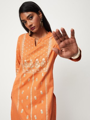 MAX Women Printed Straight Kurta(Orange)