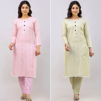 Saroj Fab Women Self Design Straight Kurta(Pink, Green)