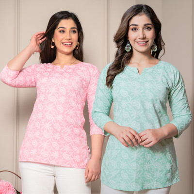 I N ENTERPRISES Women Floral Print Straight Kurta(Pink, Green)