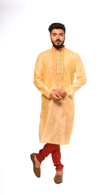 CS Eastern Looms Men Embroidered A-line Kurta(Gold)