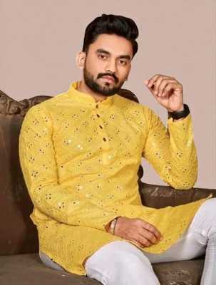 Vastra Men Embroidered Straight Kurta(Black)