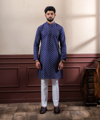 Koshin Men Printed Straight Kurta(Dark Blue)