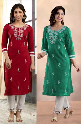 HouseOfCommon Women Chikan Embroidery Straight Kurta(Multicolor)