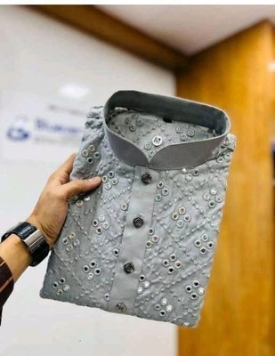 SR Fashion Men Embroidered Straight Kurta(Grey)